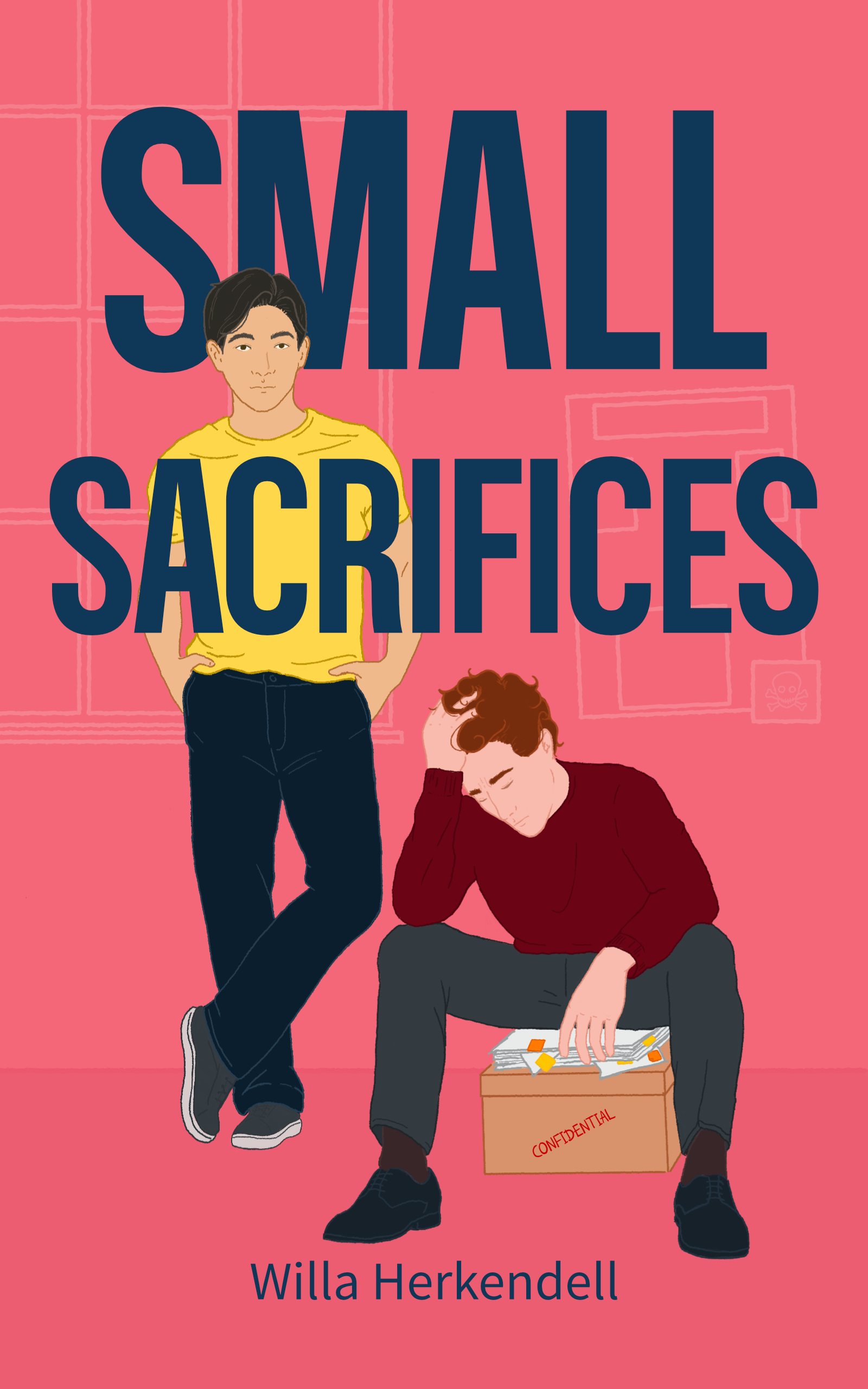 Cover Sketch Variations 2 The book cover for small sacrifices. An Asian man leans back against the wall, while the red-headed man in the foreground sits with his head in his hand.